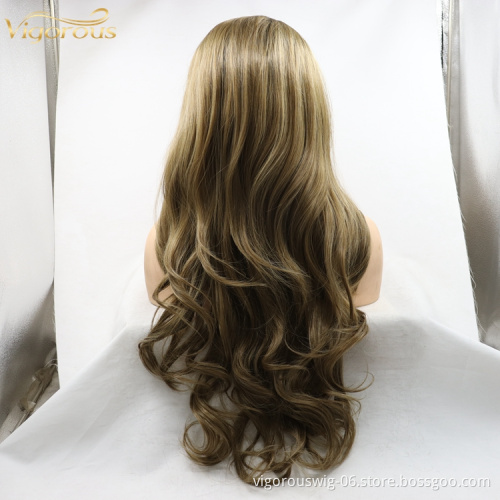 Ombre blonde long premium high quality straight wave wholesale black women synthetic hair wigs with lace front